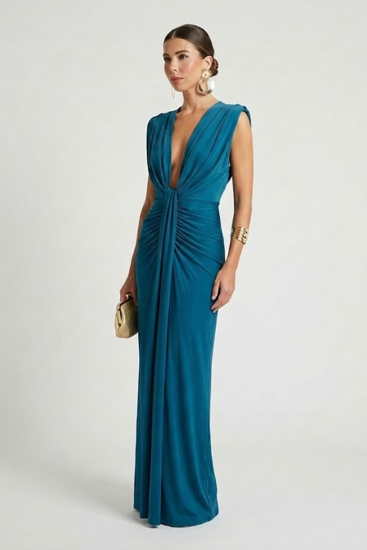 Faeva | Dames Geplooide Maxi Jurk – Mouwloze Diepe V-hals Elegante Vloerlange Avondjurk