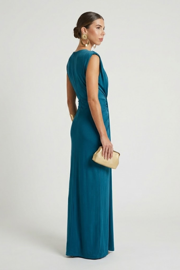 Faeva | Dames Geplooide Maxi Jurk – Mouwloze Diepe V-hals Elegante Vloerlange Avondjurk
