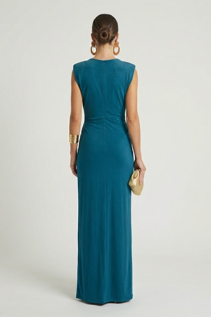 Faeva | Dames Geplooide Maxi Jurk – Mouwloze Diepe V-hals Elegante Vloerlange Avondjurk