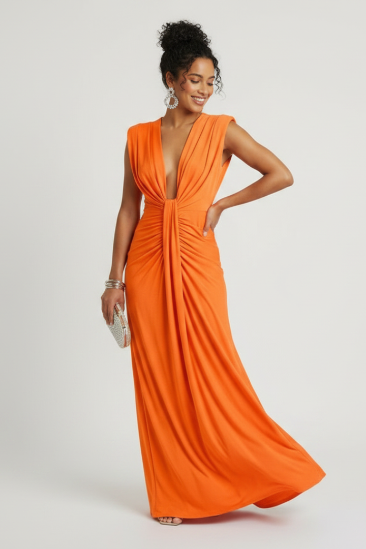 Faeva | Dames Geplooide Maxi Jurk – Mouwloze Diepe V-hals Elegante Vloerlange Avondjurk