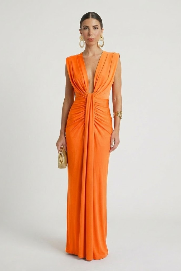 Faeva | Dames Geplooide Maxi Jurk – Mouwloze Diepe V-hals Elegante Vloerlange Avondjurk