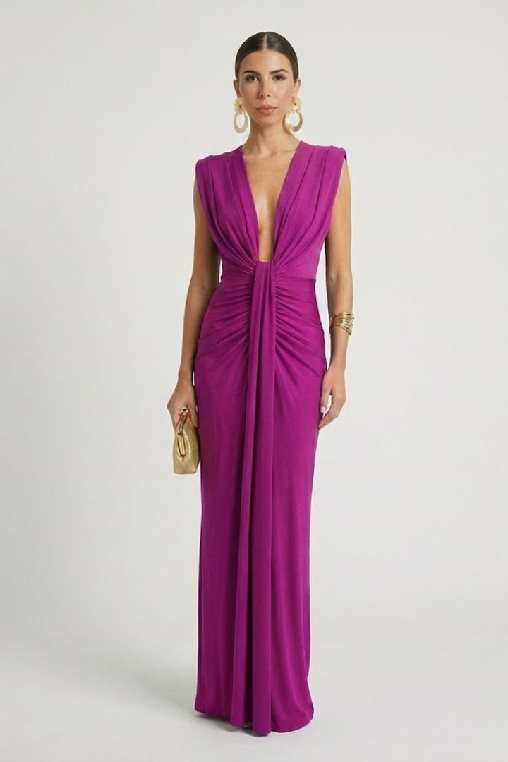 Faeva | Dames Geplooide Maxi Jurk – Mouwloze Diepe V-hals Elegante Vloerlange Avondjurk