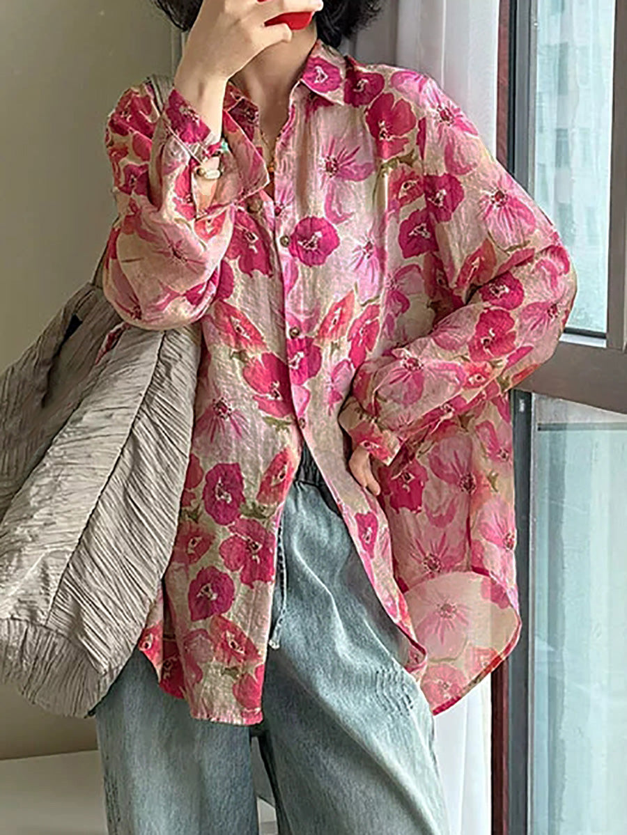 Velina | Dames Blouse in Grote Maat met Bloemenprint – Artistieke Zomerblouse, Omgeslagen Kraag
