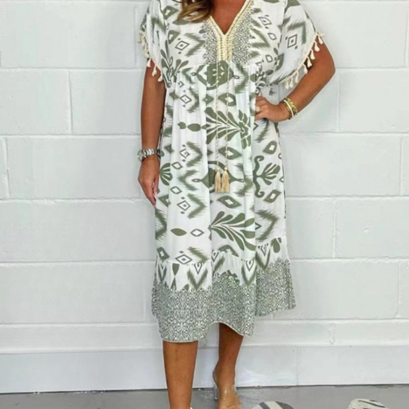 Lyla | Casual jurk met print voor dames – Zomerse midi-jurk met V-hals en franjes aan de mouwen