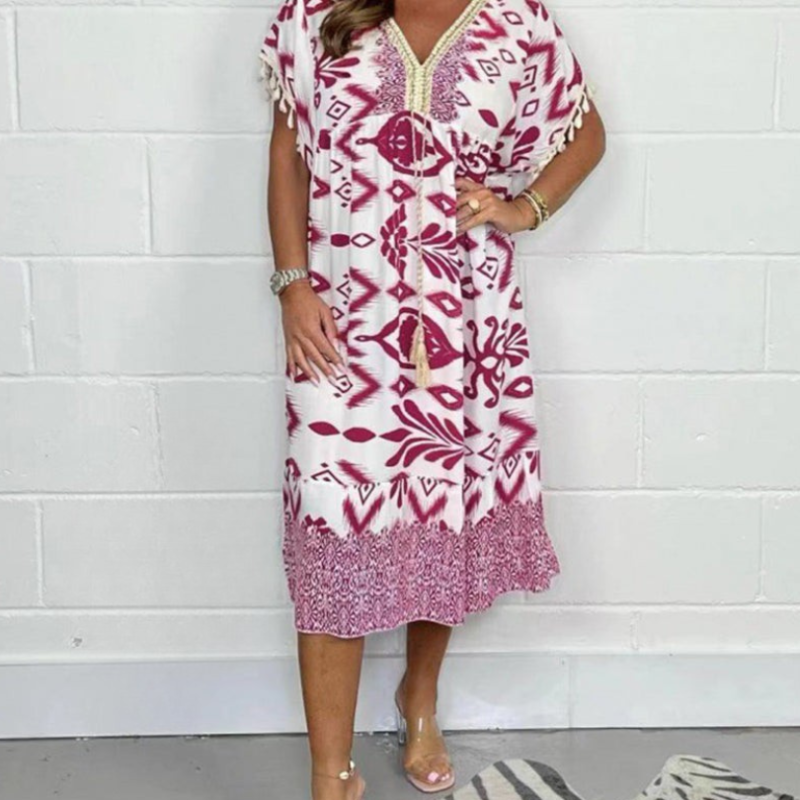 Lyla | Casual jurk met print voor dames – Zomerse midi-jurk met V-hals en franjes aan de mouwen
