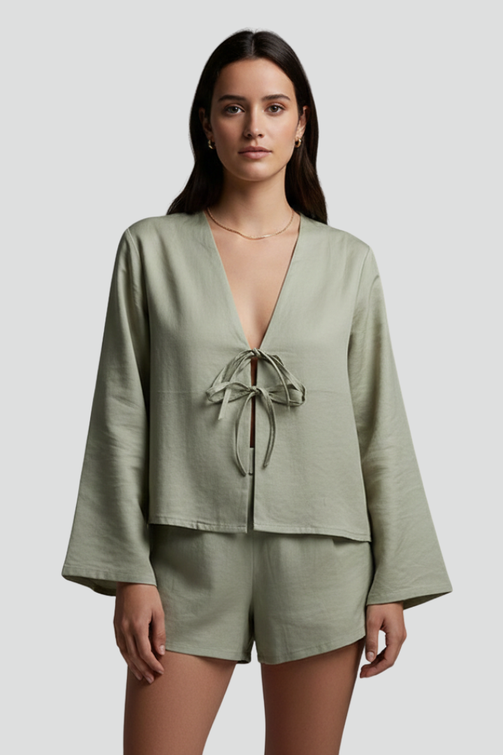 Ciel | Dames Veters V-hals Blouse – Diepe V, Lange Mouwen