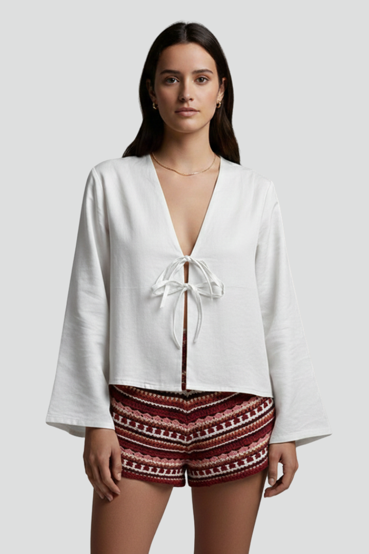 Ciel | Dames Veters V-hals Blouse – Diepe V, Lange Mouwen