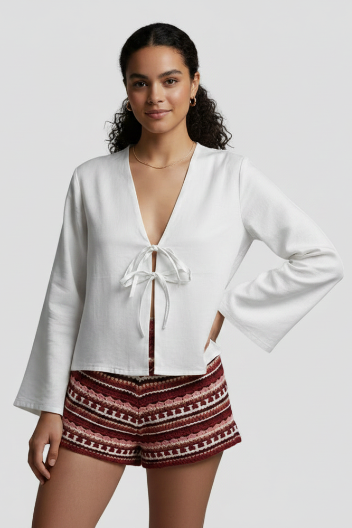 Ciel | Dames Veters V-hals Blouse – Diepe V, Lange Mouwen