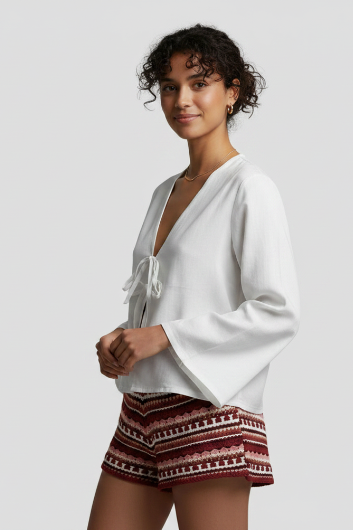 Ciel | Dames Veters V-hals Blouse – Diepe V, Lange Mouwen