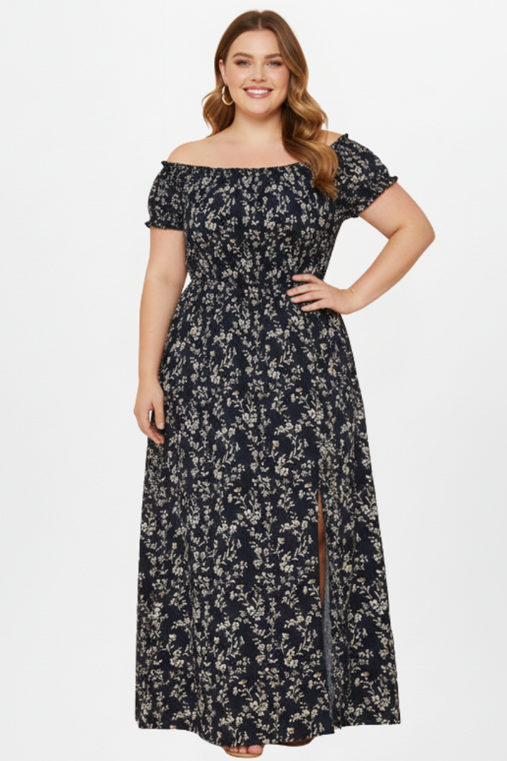 Noemi | Bardot maxi-jurk in grote maten – zwierige zomerse jurk met split aan de zijkant