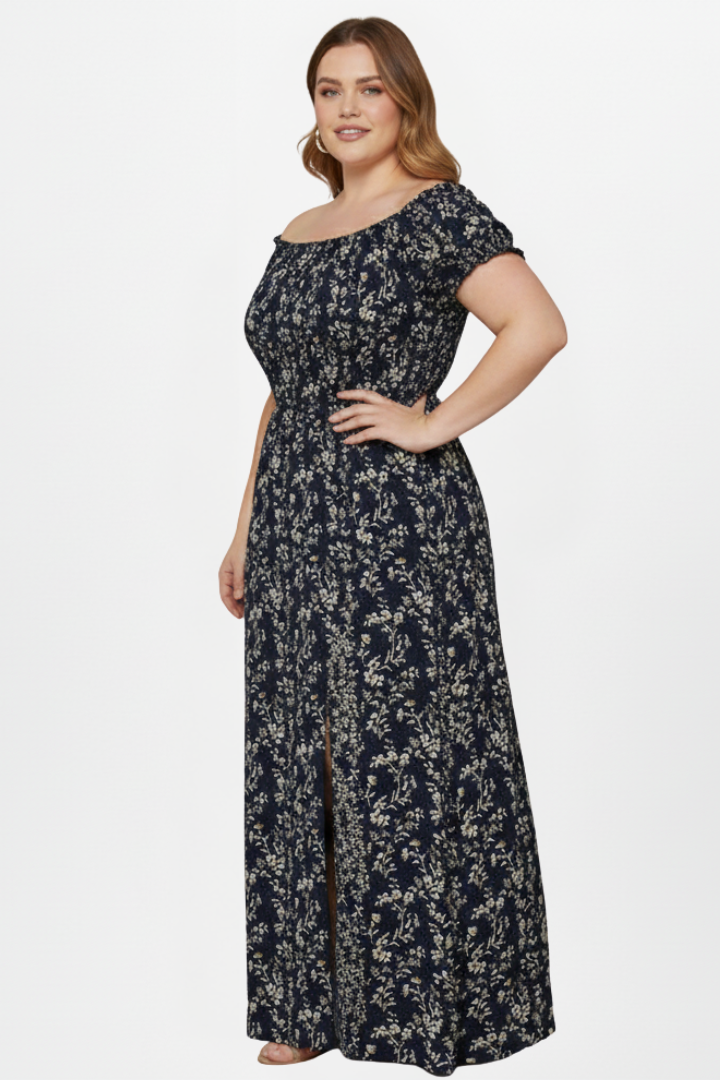 Noemi | Bardot maxi-jurk in grote maten – zwierige zomerse jurk met split aan de zijkant