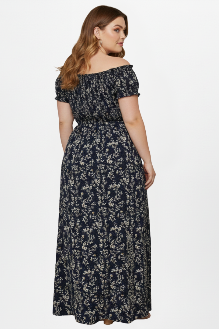 Noemi | Bardot maxi-jurk in grote maten – zwierige zomerse jurk met split aan de zijkant