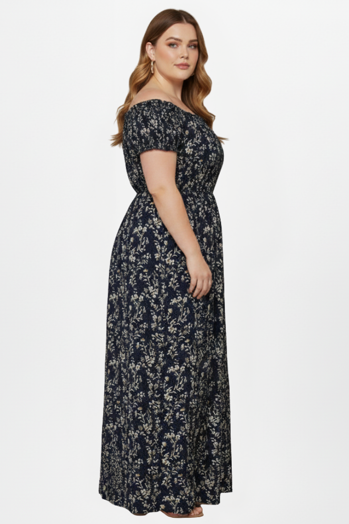 Noemi | Bardot maxi-jurk in grote maten – zwierige zomerse jurk met split aan de zijkant
