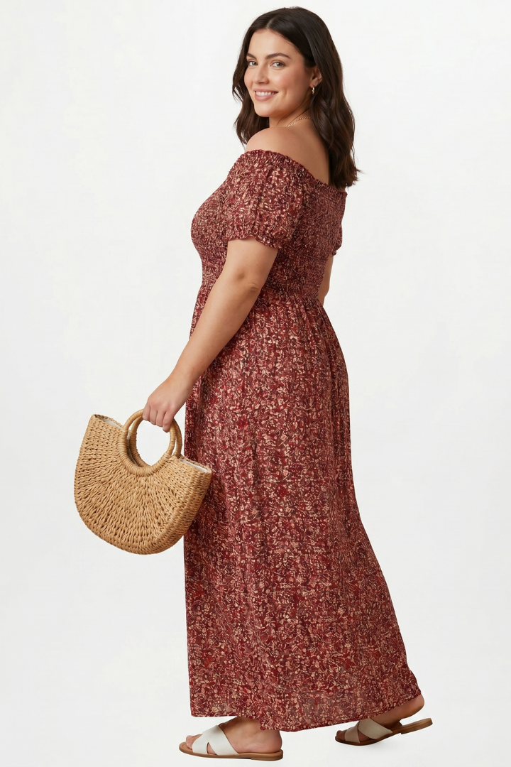 Noemi | Bardot maxi-jurk in grote maten – zwierige zomerse jurk met split aan de zijkant