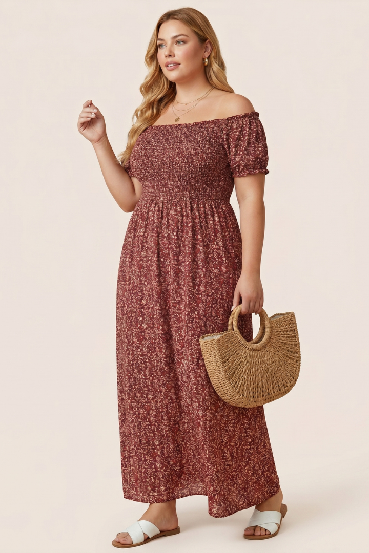 Noemi | Bardot maxi-jurk in grote maten – zwierige zomerse jurk met split aan de zijkant