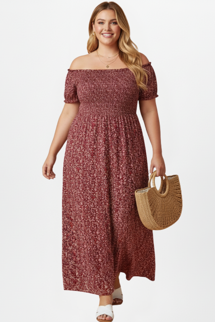 Noemi | Bardot maxi-jurk in grote maten – zwierige zomerse jurk met split aan de zijkant