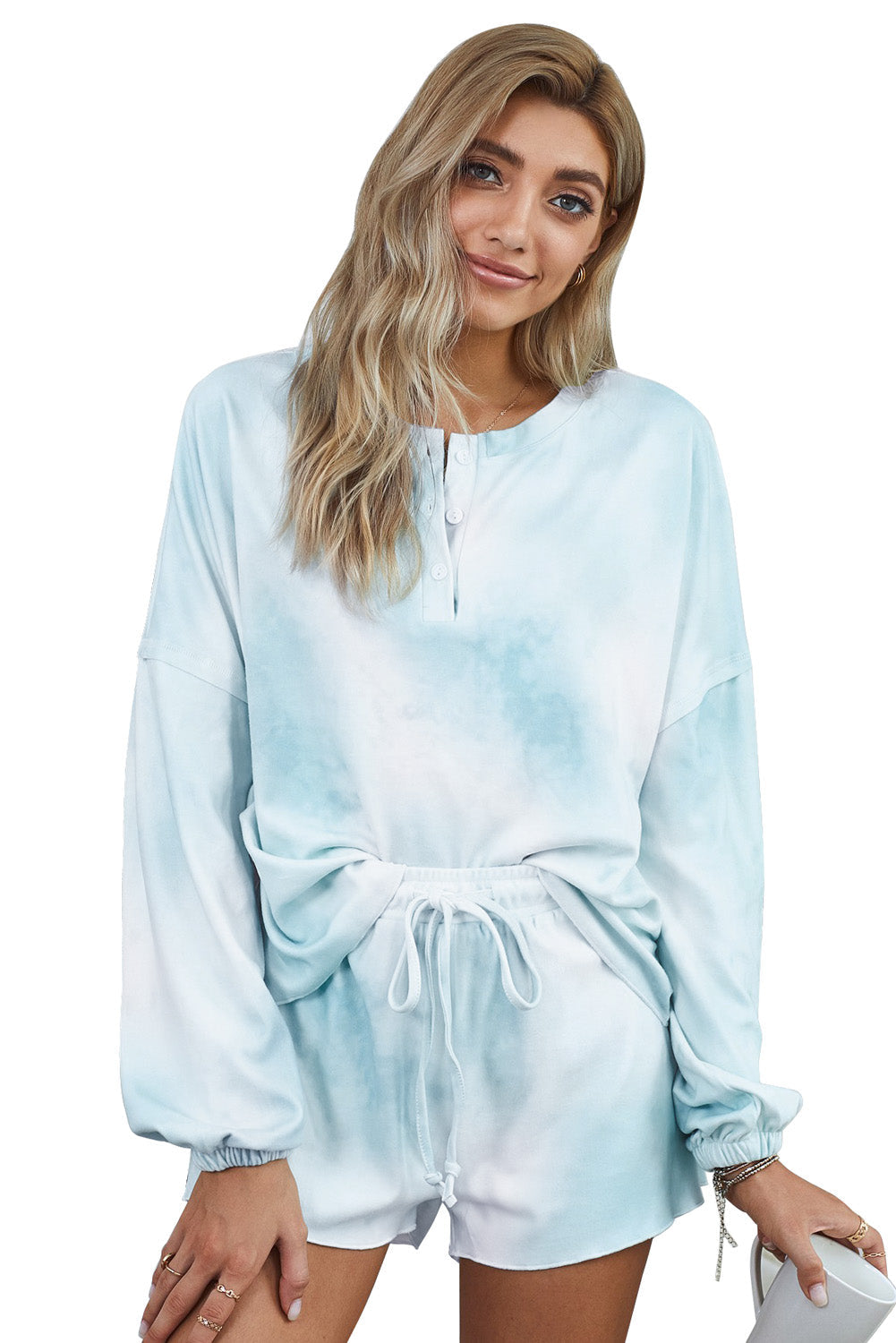 Myvessa | Lichtblauwe tie-dye gebreide loungewear-set voor dames – Top met lange mouwen