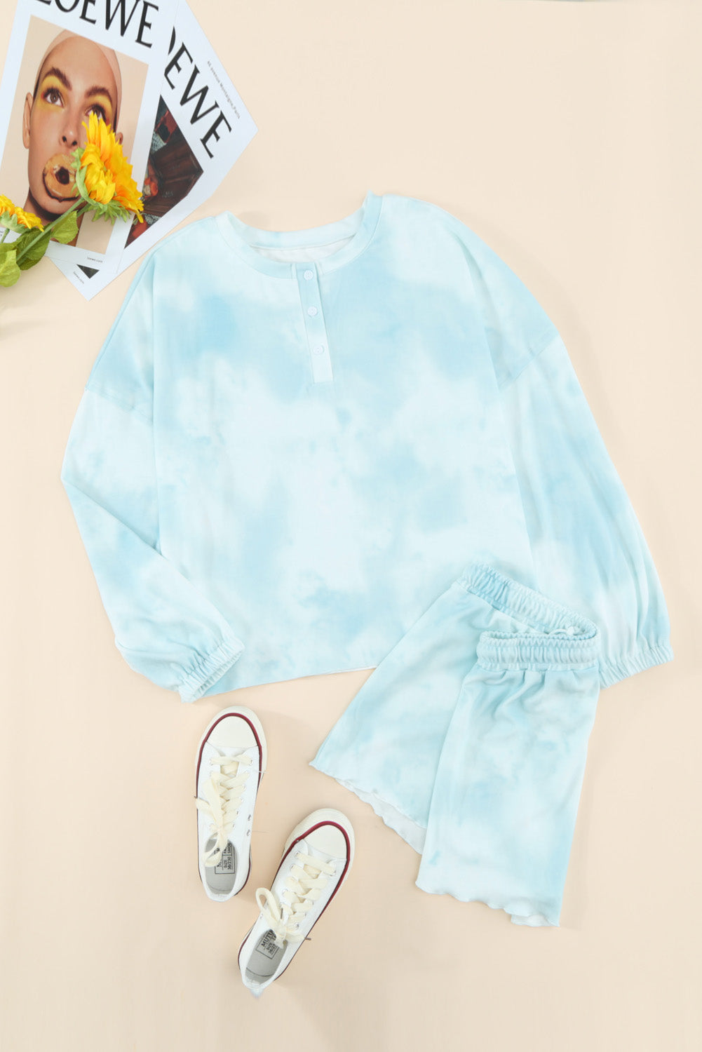 Myvessa | Lichtblauwe tie-dye gebreide loungewear-set voor dames – Top met lange mouwen