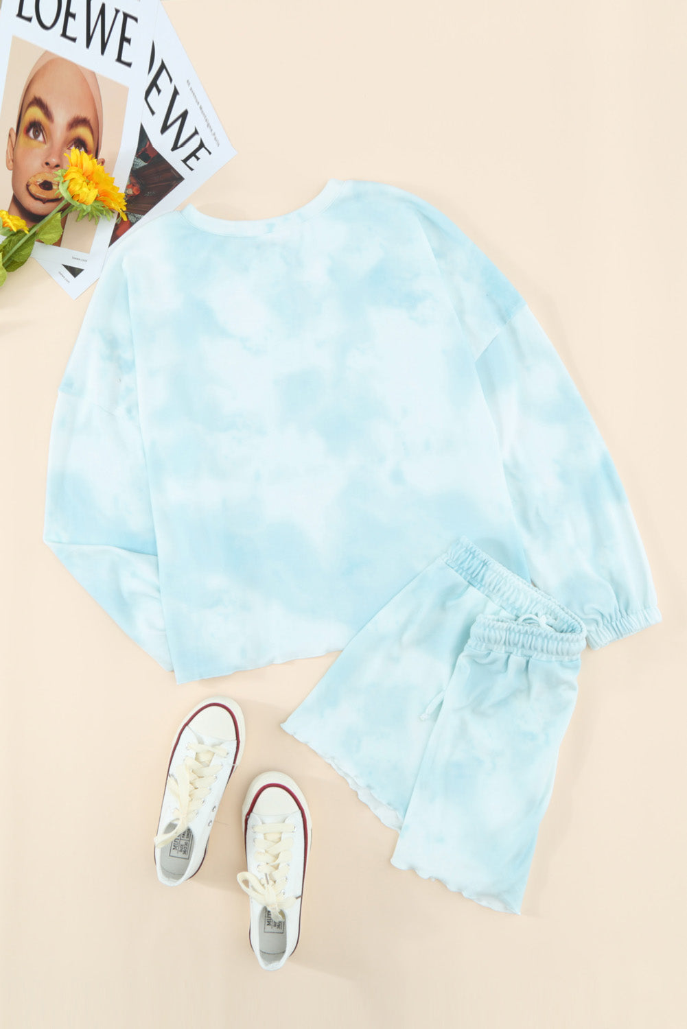 Myvessa | Lichtblauwe tie-dye gebreide loungewear-set voor dames – Top met lange mouwen