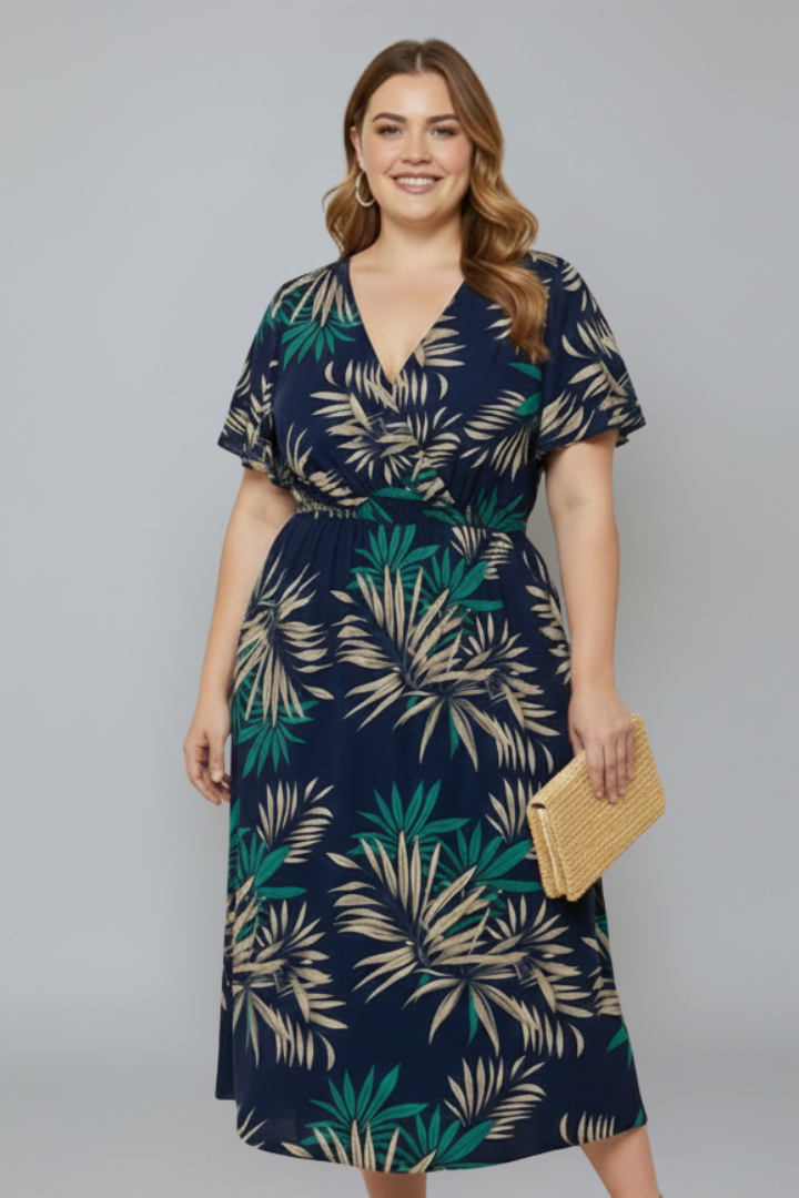 Eirlys | Wikkeljurk voor dames in grote maten – V-hals, vlindermouwen, botanische bloemenprint