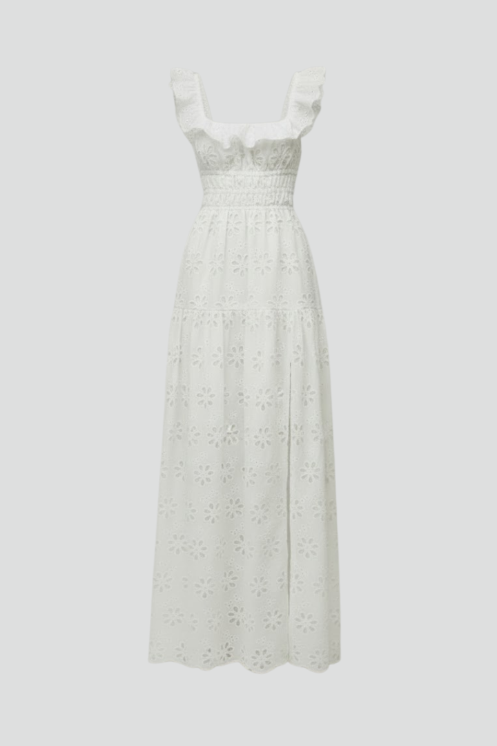 Miu | Dames Vierkante Hals Maxi Jurk – Elegante Avondjurk met Ruches Schouderbanden