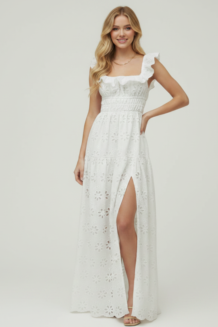Miu | Dames Vierkante Hals Maxi Jurk – Elegante Avondjurk met Ruches Schouderbanden