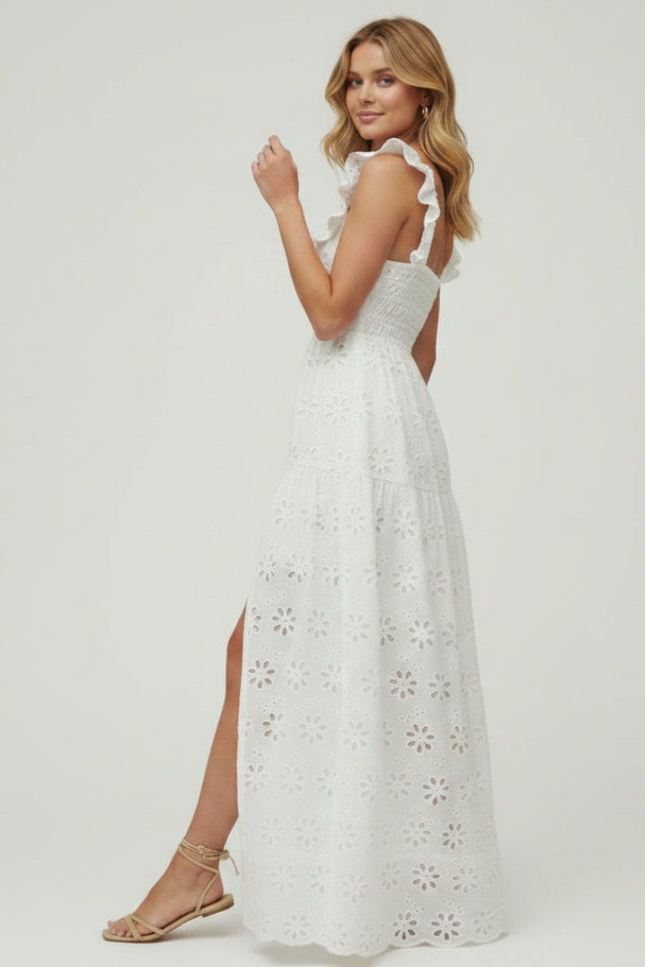 Miu | Dames Vierkante Hals Maxi Jurk – Elegante Avondjurk met Ruches Schouderbanden