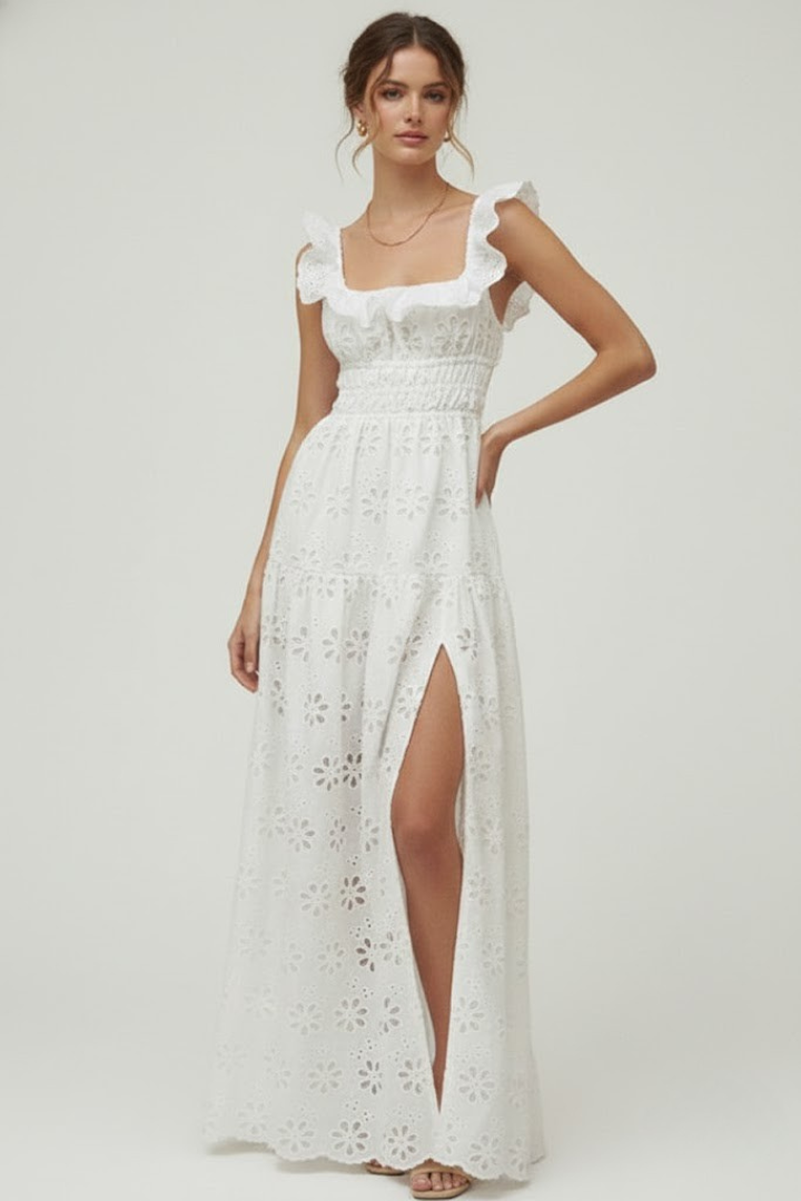 Miu | Dames Vierkante Hals Maxi Jurk – Elegante Avondjurk met Ruches Schouderbanden