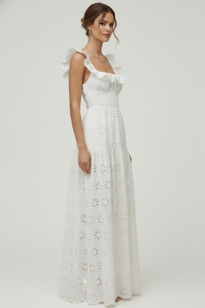 Miu | Dames Vierkante Hals Maxi Jurk – Elegante Avondjurk met Ruches Schouderbanden