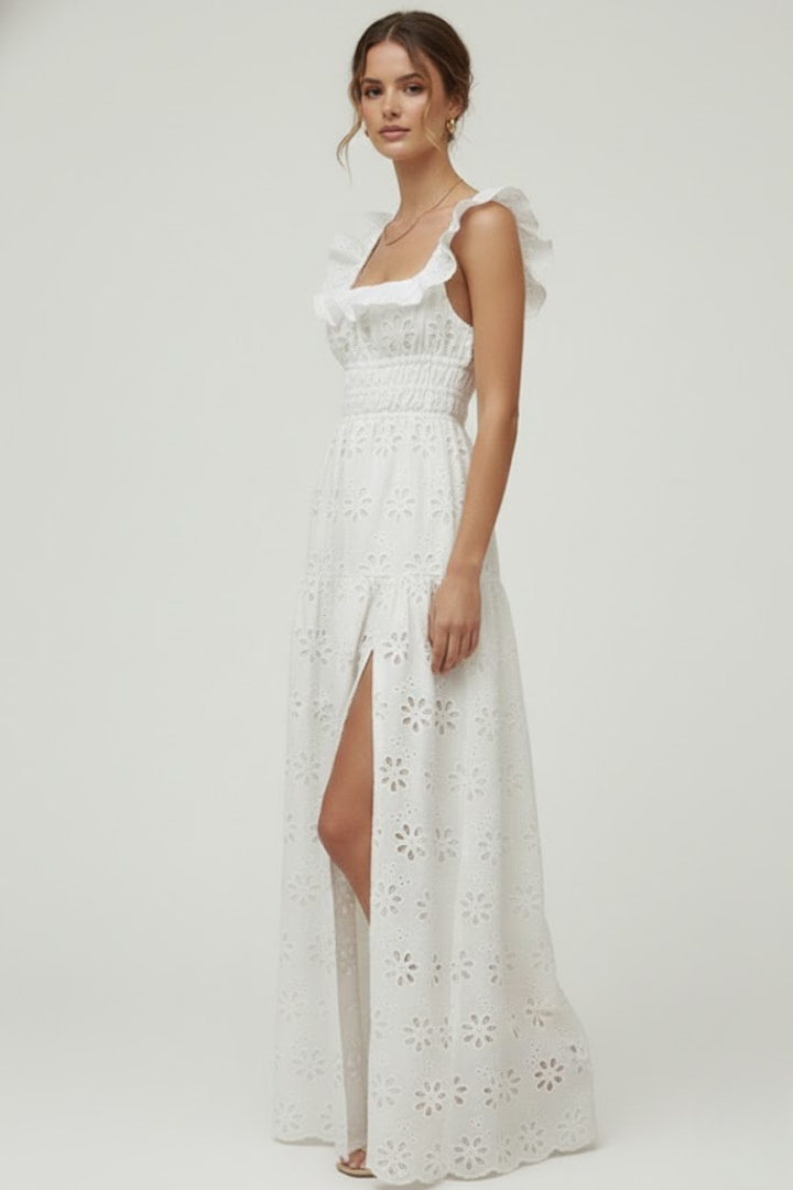 Miu | Dames Vierkante Hals Maxi Jurk – Elegante Avondjurk met Ruches Schouderbanden