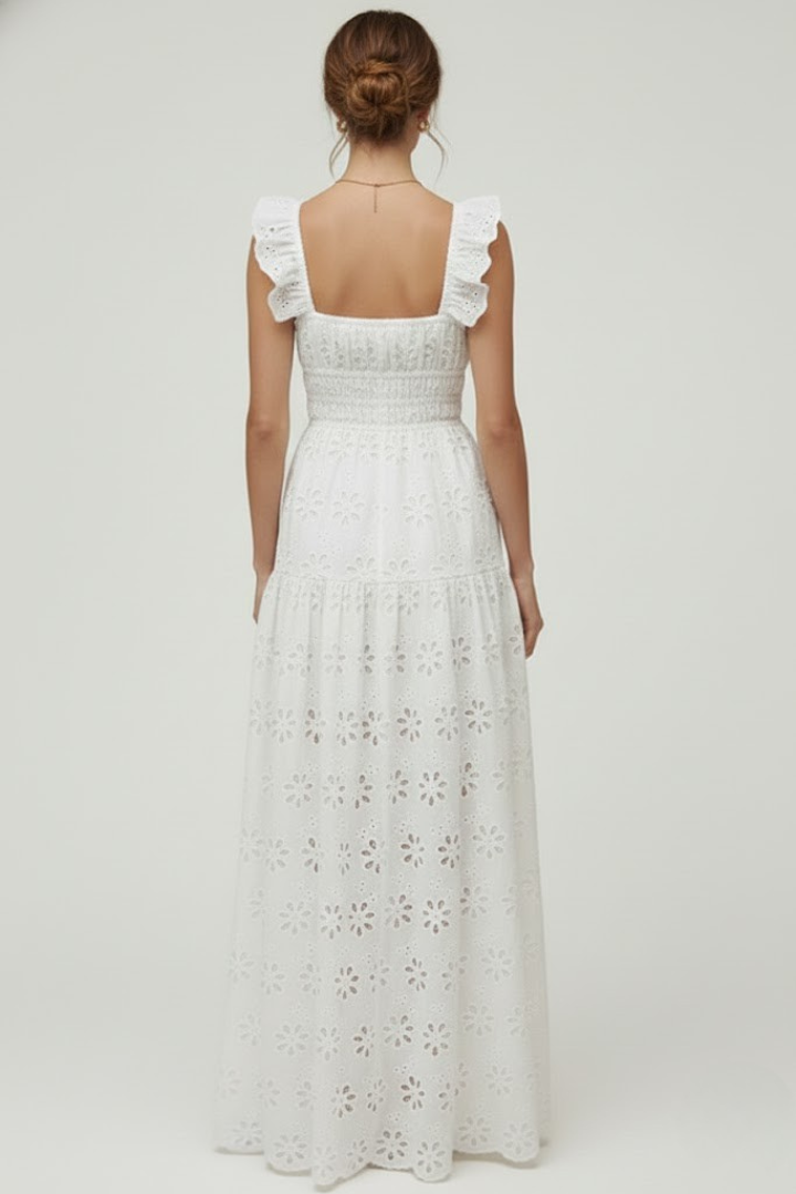Miu | Dames Vierkante Hals Maxi Jurk – Elegante Avondjurk met Ruches Schouderbanden
