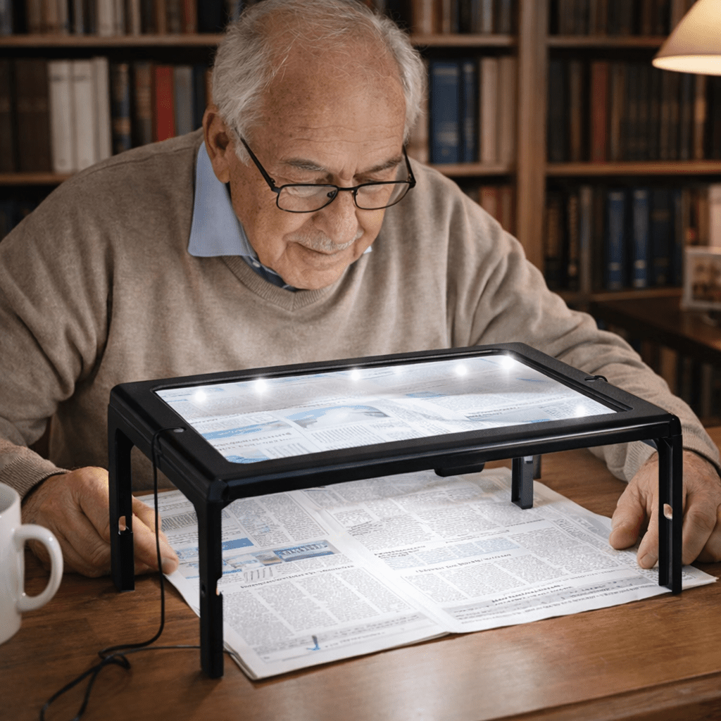 VisionDesk | 3X opvouwbare loep met LED-verlichting – handsfree tafelvergrootglas