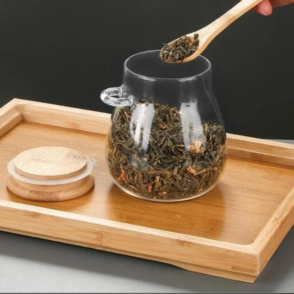 JarZen | Glazen Pot met Houten Bamboe Deksel en Lepel – Keukenopslagcontainer, Luchtdichte