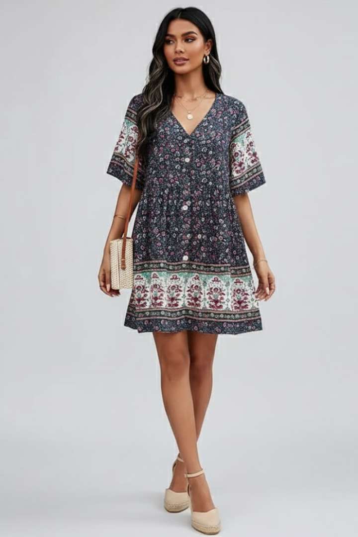 Aelva | Dames Boho Bloemen Midi Jurk – V-hals, Korte Mouwen Zomer Strandjurk
