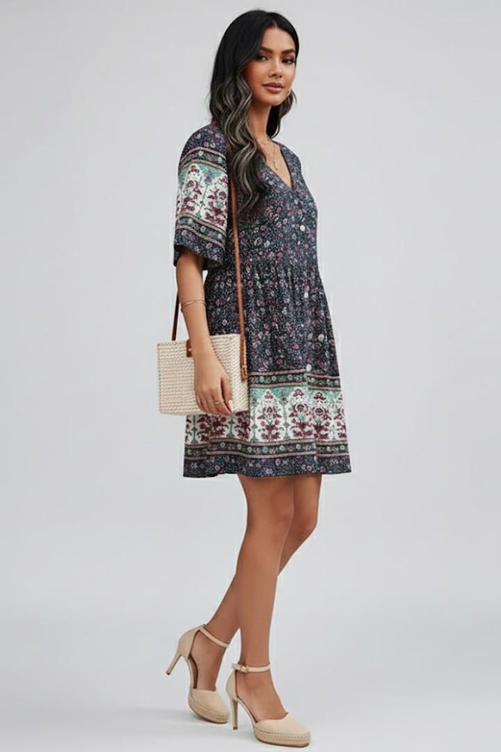 Aelva | Dames Boho Bloemen Midi Jurk – V-hals, Korte Mouwen Zomer Strandjurk