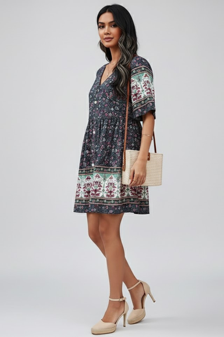 Aelva | Dames Boho Bloemen Midi Jurk – V-hals, Korte Mouwen Zomer Strandjurk