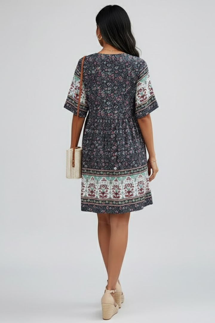 Aelva | Dames Boho Bloemen Midi Jurk – V-hals, Korte Mouwen Zomer Strandjurk