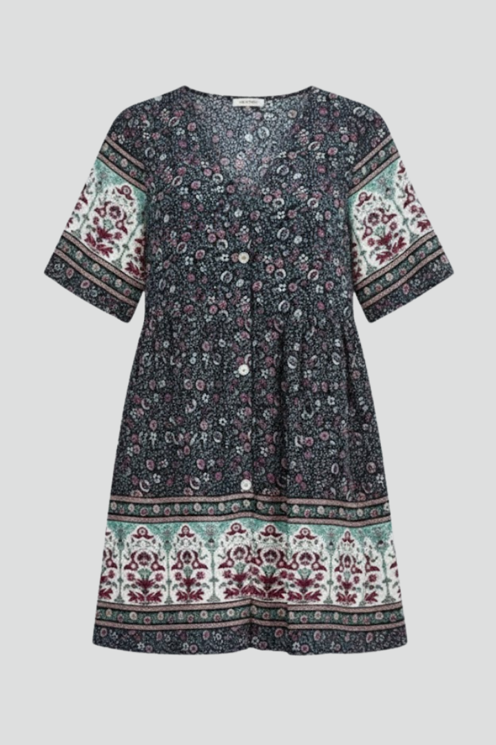 Aelva | Dames Boho Bloemen Midi Jurk – V-hals, Korte Mouwen Zomer Strandjurk