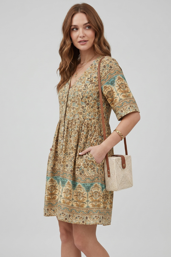 Aelva | Dames Boho Bloemen Midi Jurk – V-hals, Korte Mouwen Zomer Strandjurk