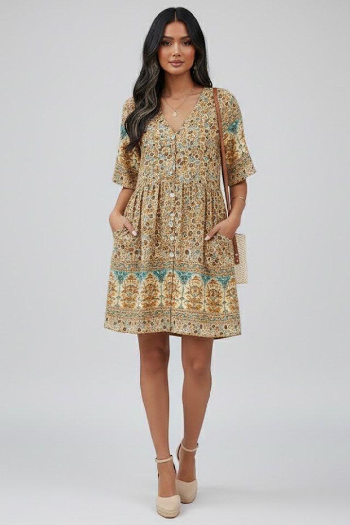 Aelva | Dames Boho Bloemen Midi Jurk – V-hals, Korte Mouwen Zomer Strandjurk