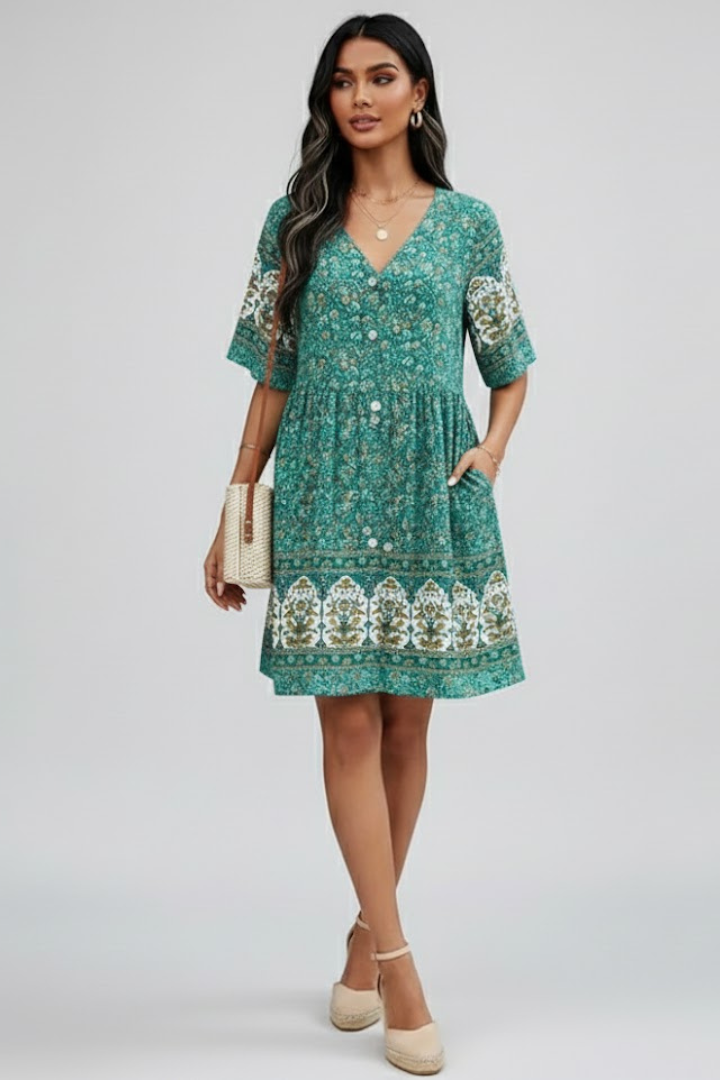 Aelva | Dames Boho Bloemen Midi Jurk – V-hals, Korte Mouwen Zomer Strandjurk
