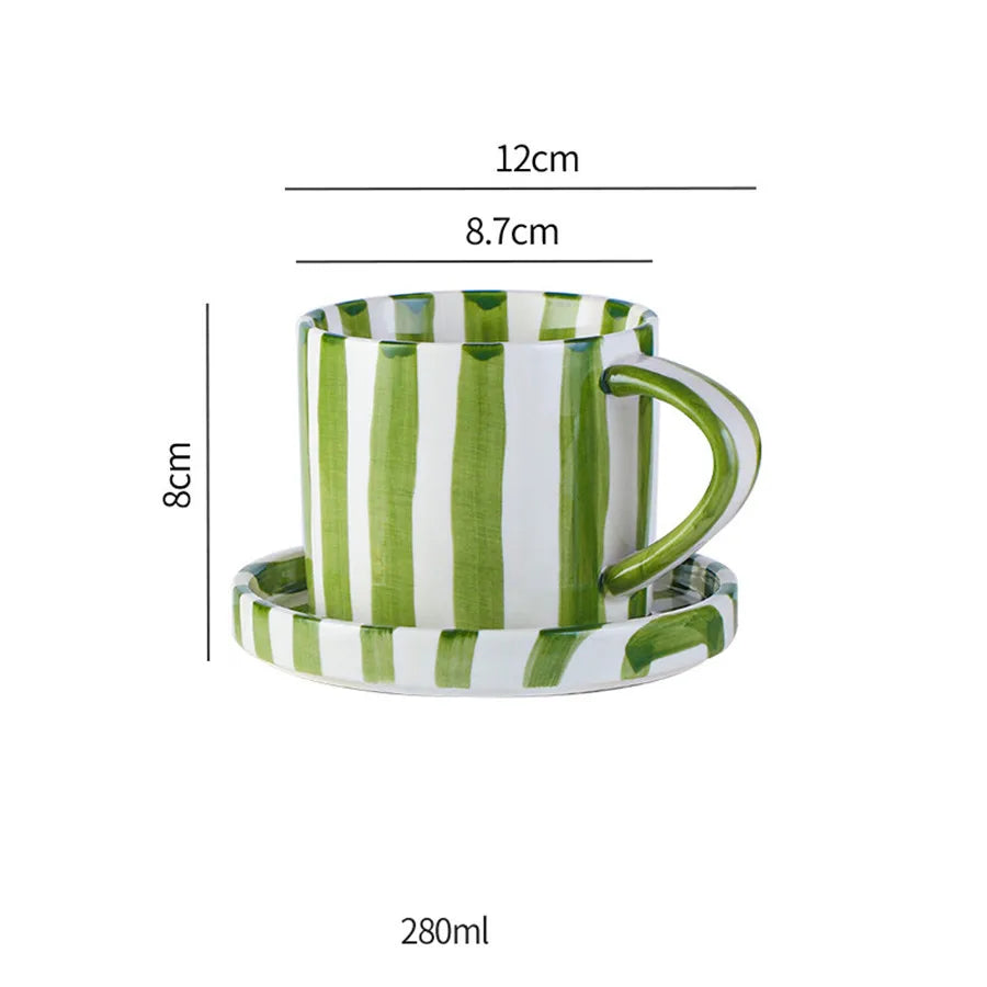LineaCup | Handgeschilderde gestreepte koffie kop en schotel set – 280 ml keramische mokset met schotel