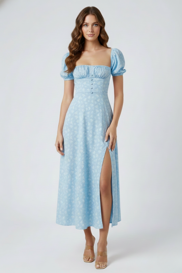 Saki | Dames Vierkante Hals Midi Jurk met Pofmouwen – A-lijn Elegante Zomerjurk