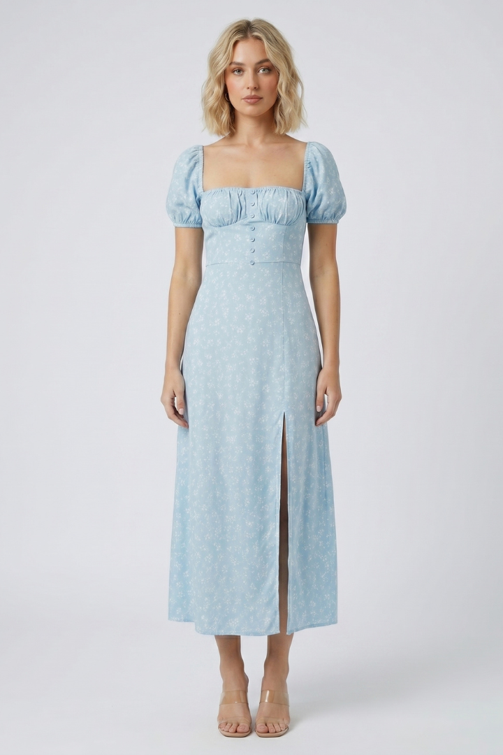 Saki | Dames Vierkante Hals Midi Jurk met Pofmouwen – A-lijn Elegante Zomerjurk
