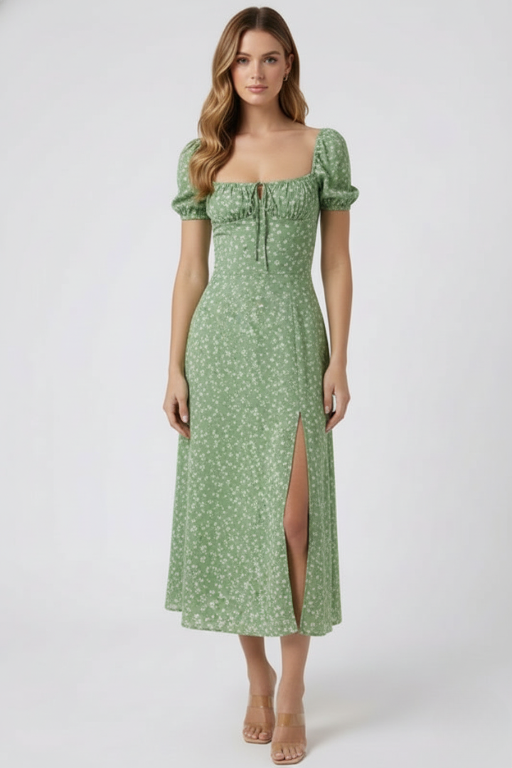 Saki | Dames Vierkante Hals Midi Jurk met Pofmouwen – A-lijn Elegante Zomerjurk