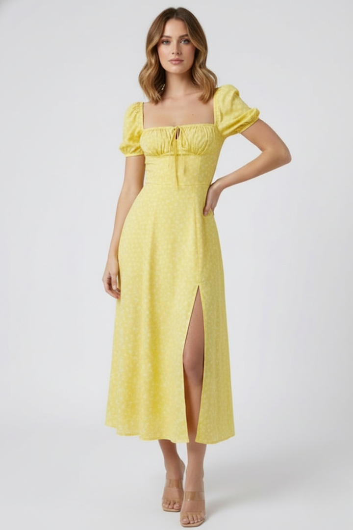 Saki | Dames Vierkante Hals Midi Jurk met Pofmouwen – A-lijn Elegante Zomerjurk