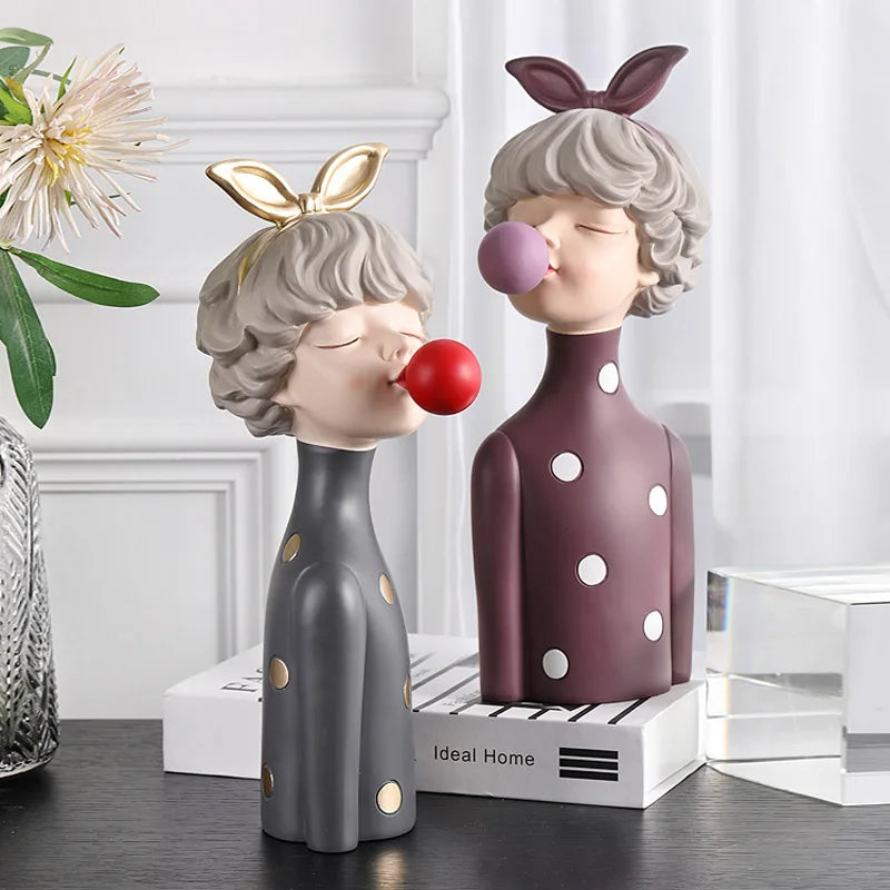 BlushPop | Meisje Bubble-Gum Beeldje - Chic Harsbeeldje, Grillig Home Décor Accent