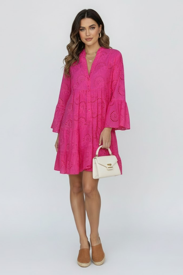 Vaenisse | Dames transparante mini-jurk met eyelet-borduursel – losvallende boho korte jurk