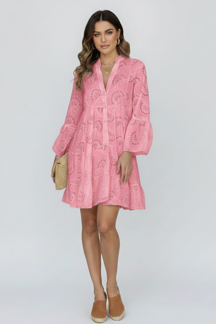 Vaenisse | Dames transparante mini-jurk met eyelet-borduursel – losvallende boho korte jurk