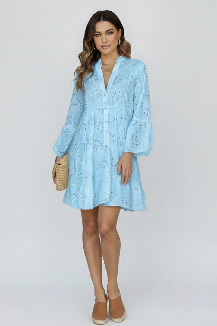 Vaenisse | Dames transparante mini-jurk met eyelet-borduursel – losvallende boho korte jurk